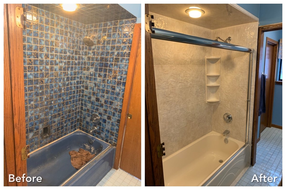 Blue mosaic tile tub replaced with marble tub surround — before and after