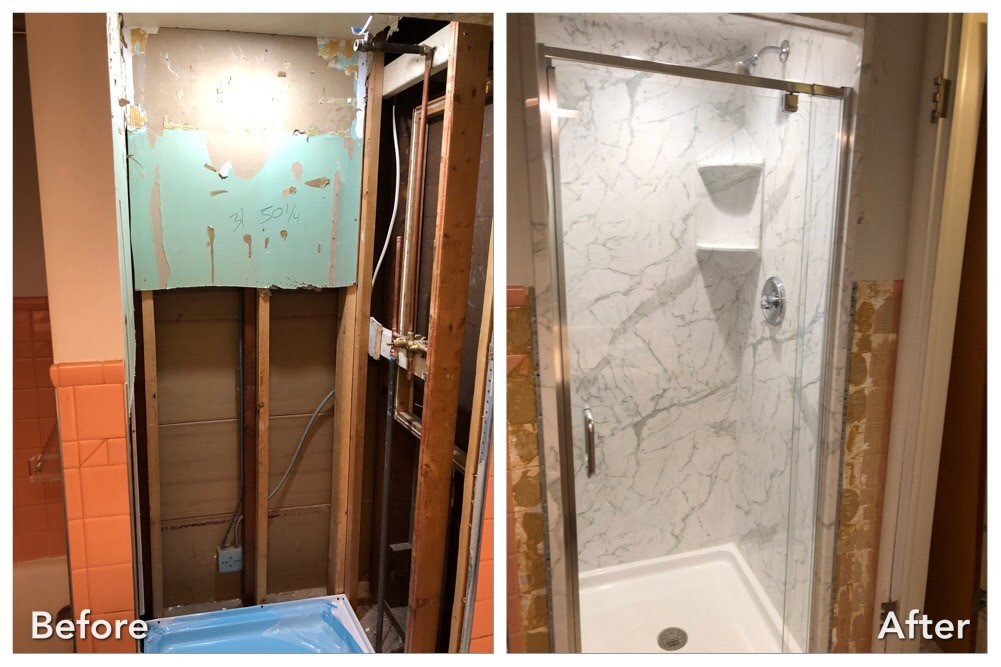 Gutted shower stall rebuilt with marble walls and pivot glass door — before and after