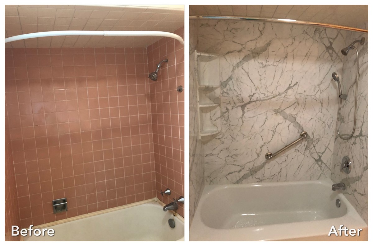 Pink tile tub transformed into marble surround with grab bar — before and after