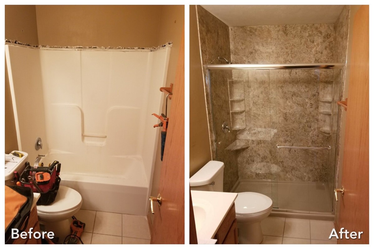 Demolished tub rebuilt into stone surround with glass doors — before and after