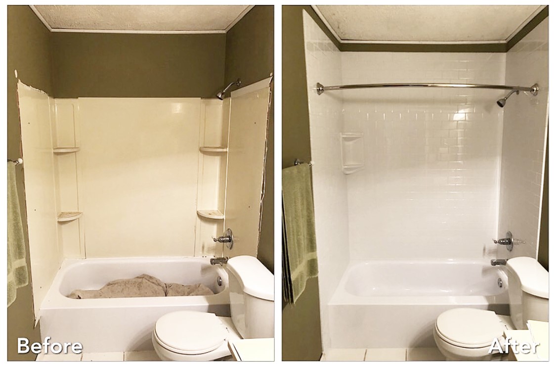Tub surround refresh with white tile in Long Island — before and after