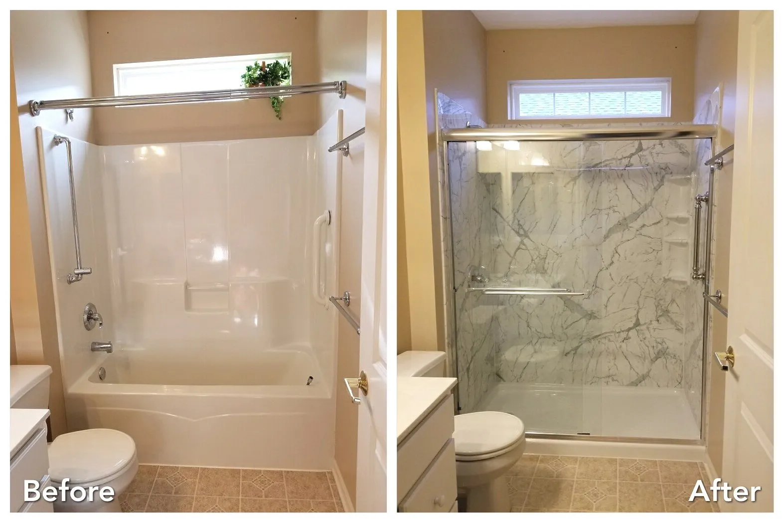 Tub converted to marble walk-in shower with glass doors in Suffolk County — before and after