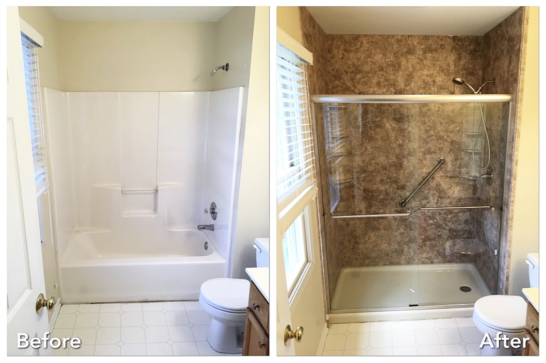 White tub replaced with stone walk-in shower and glass doors — before and after