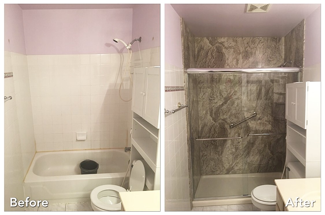Lavender bath tub converted to stone walk-in shower with grab bars — before and after