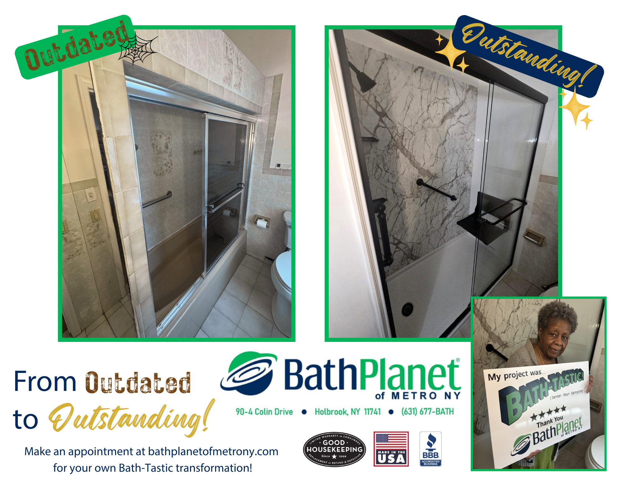 Happy homeowner showing their Bath-Tastic bathroom transformation — from outdated to outstanding