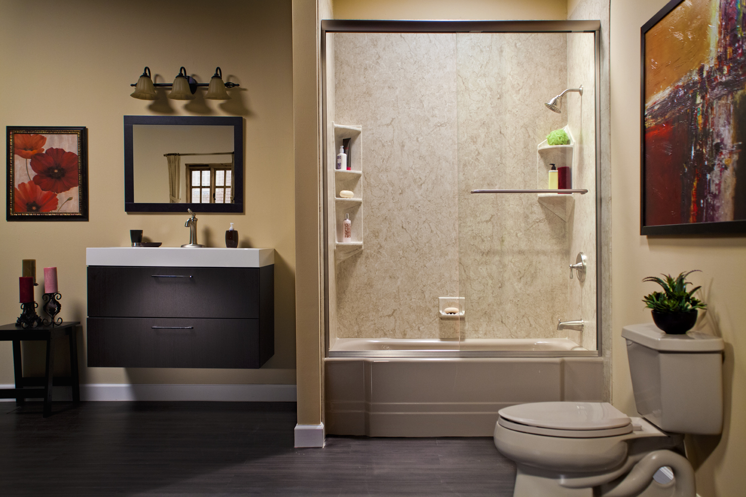 Dry space bathroom remodel — vanity, flooring, walls, and finishes
