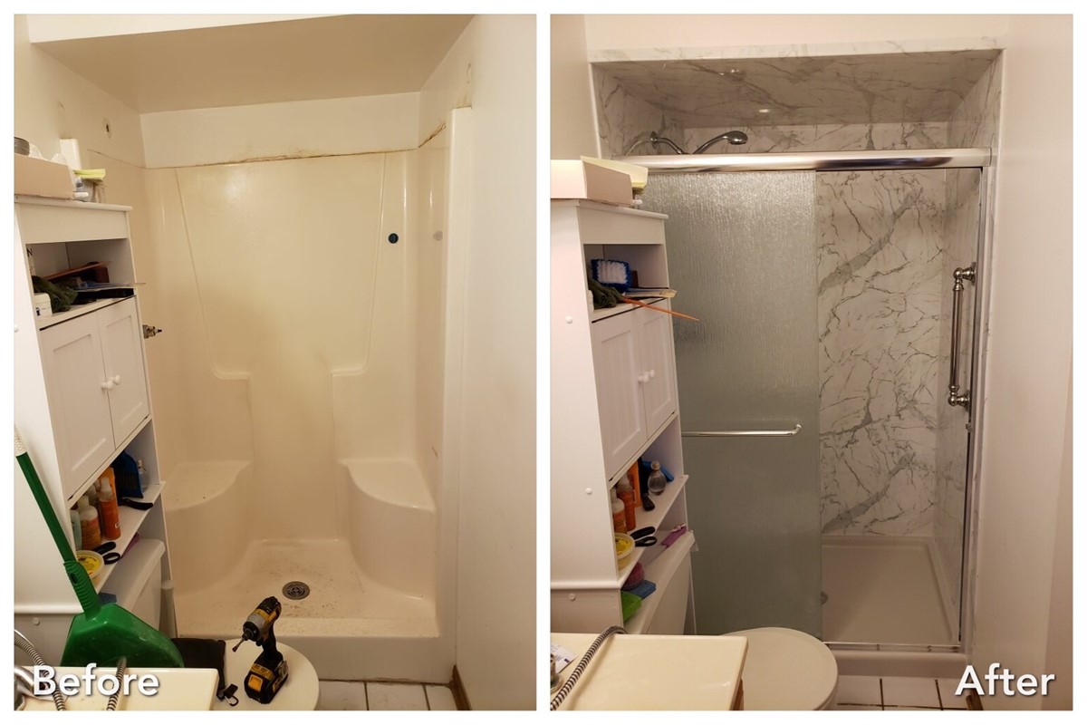 Shower stall upgraded with marble surround and frosted glass door — before and after