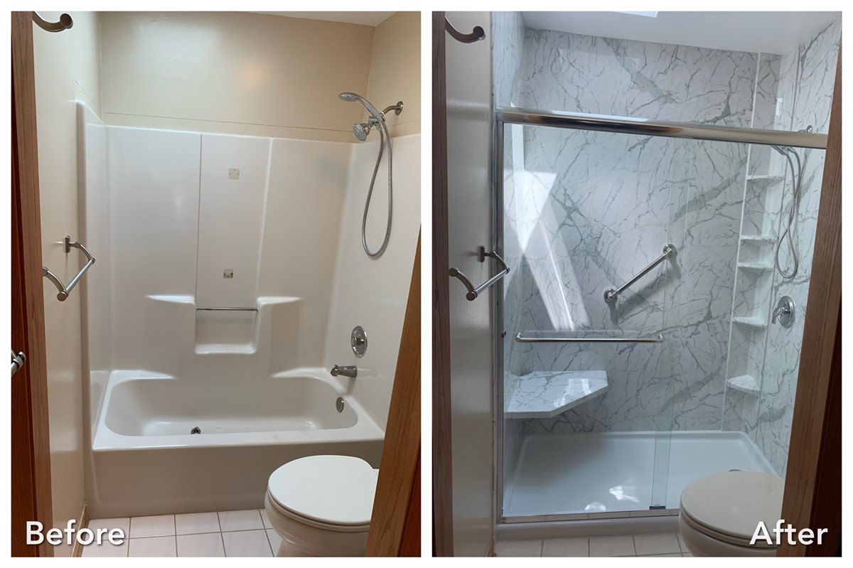 Basic tub converted to marble walk-in shower in Farmingdale — before and after