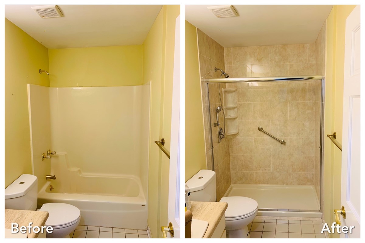 Bathtub converted to stone tile walk-in shower with glass doors — before and after